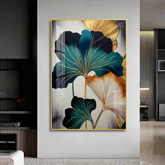 Green And White Petals Glass Finishh Vertical Wall Art