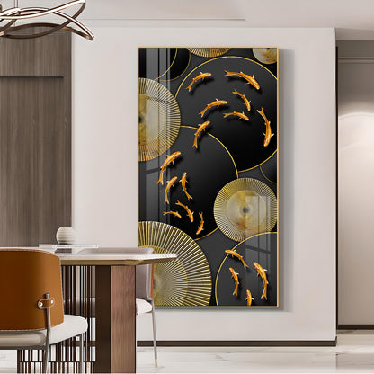 Goldfish Elegance Glass Finish Vertical Wall Art