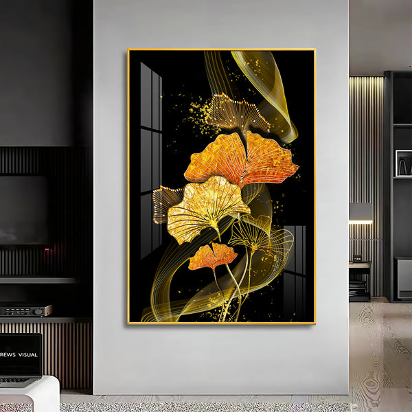 Golden Elegance Bloom Glass Finish Vertical Wall Art