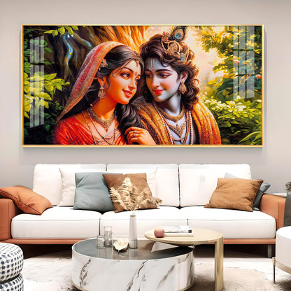 Loving Couple Radha and Krishna Glass Finish Horizontal Wall Art