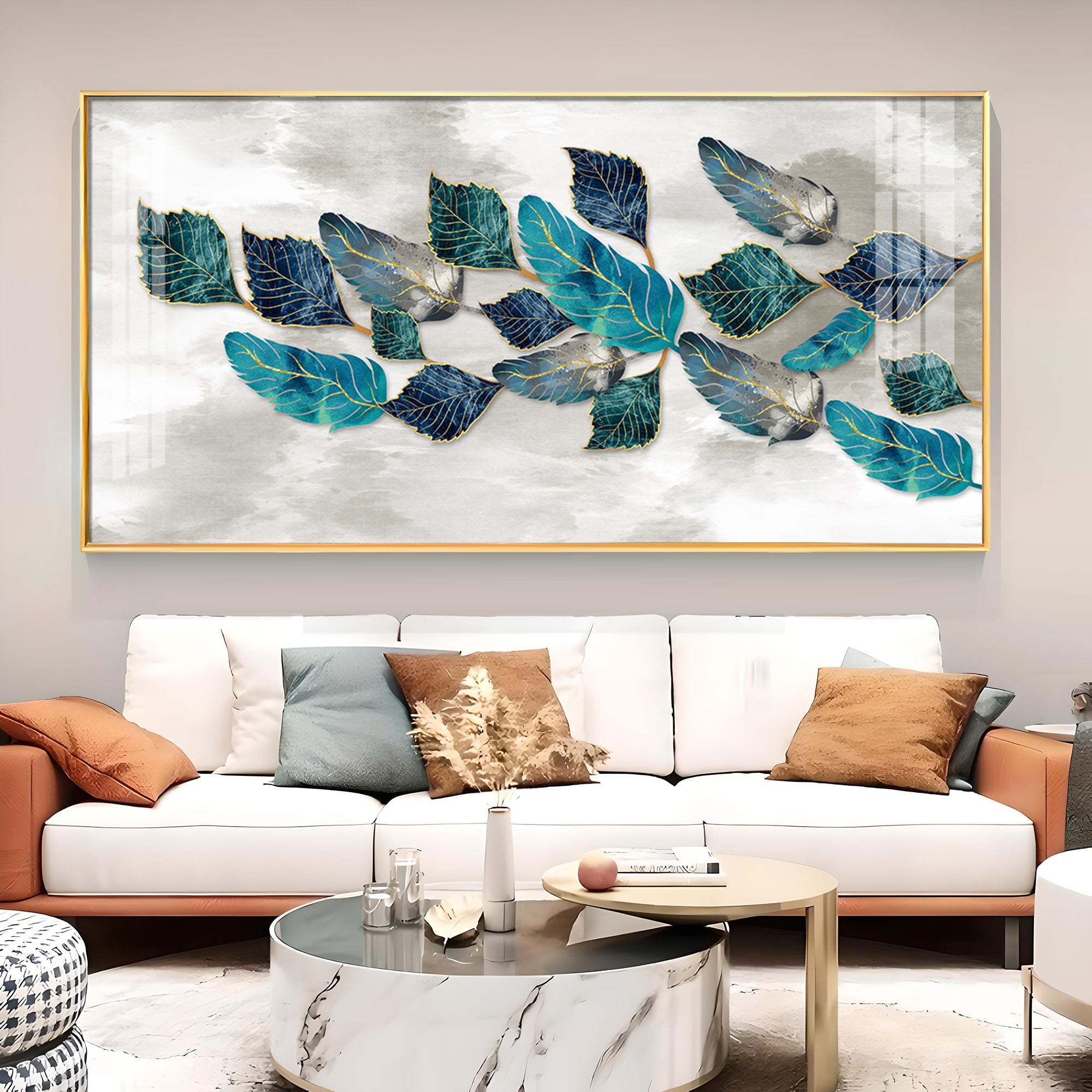 Turquoise Greay Leaves Glass Finish Horizontal Wall Art