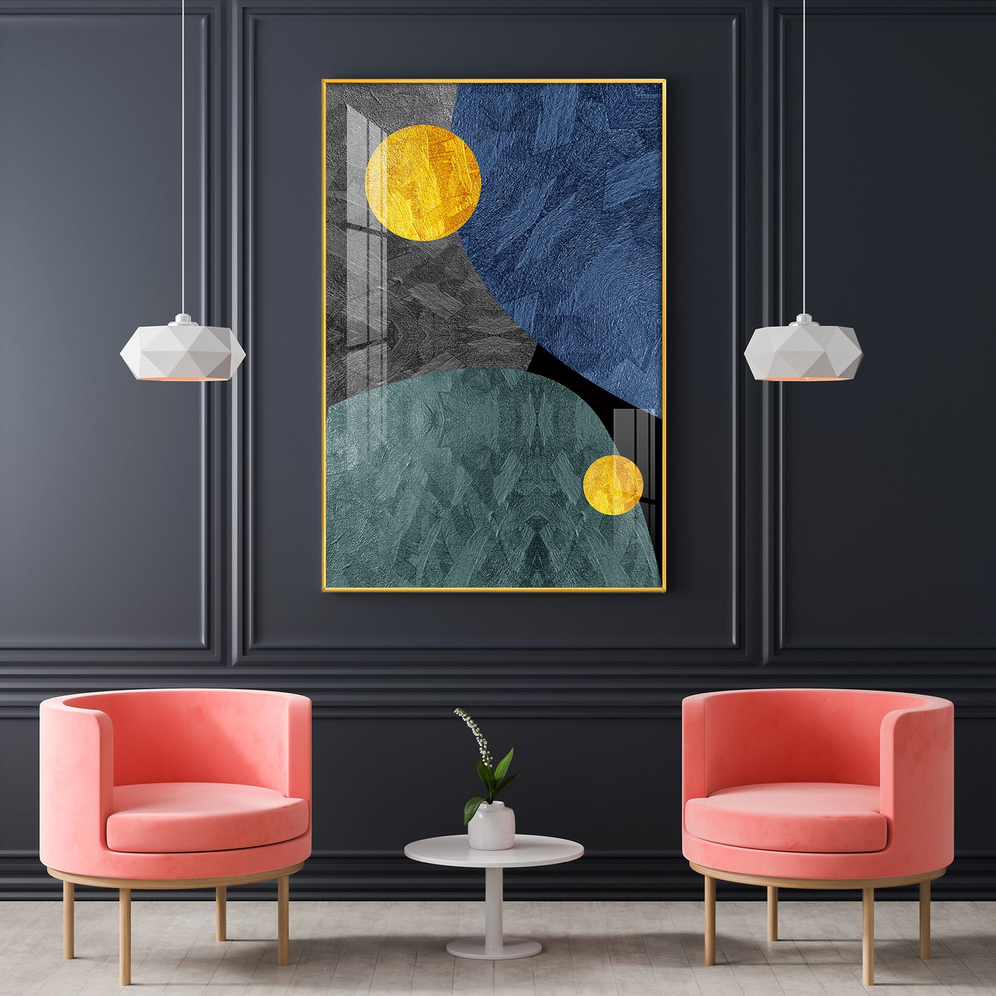 Abstract Yellow and Blue Glass Finish Vertical Wall Art