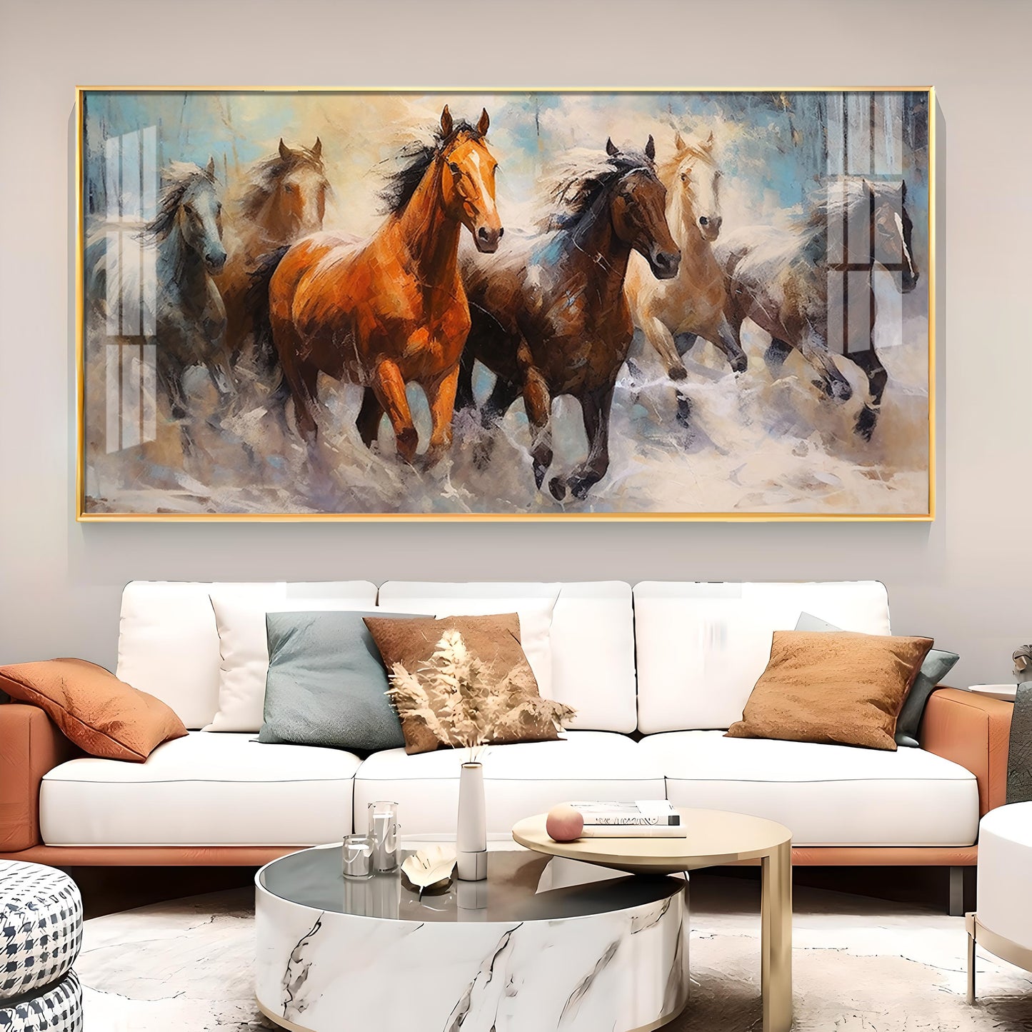 Jungle Running Horses Vastu Glass Finish Horizontal Wall Art