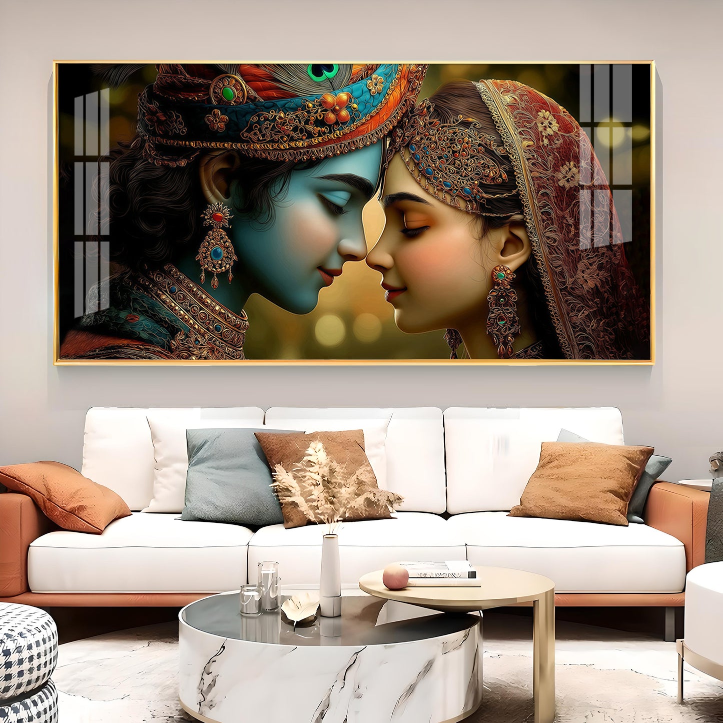 Beauty Couple Radha Krishna Glass Finish Horizontal Wall Art