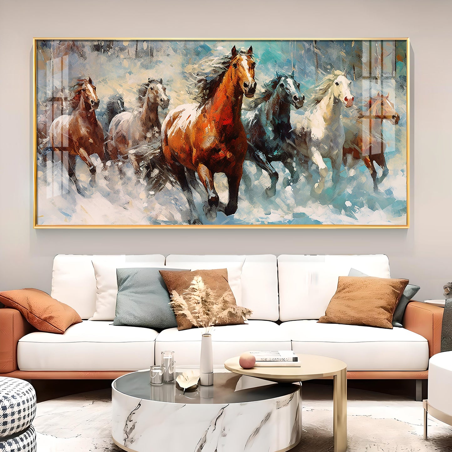 Running Horses Vastu Glass Finish Horizontal Wall Art