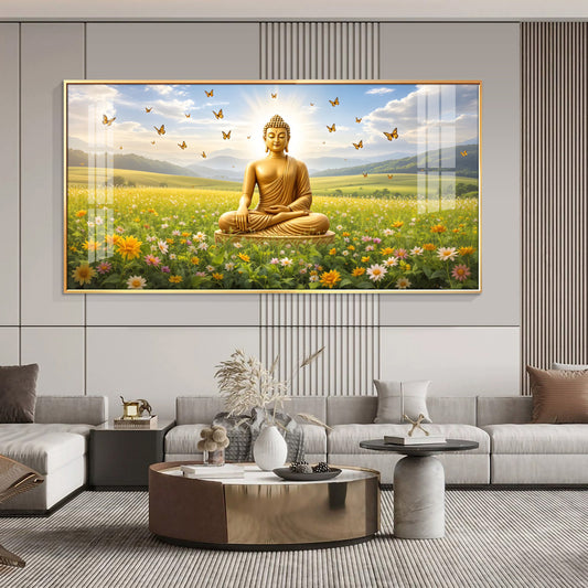 Buddha In Peaceful Nature Glass Finish Horizontal Wall Art