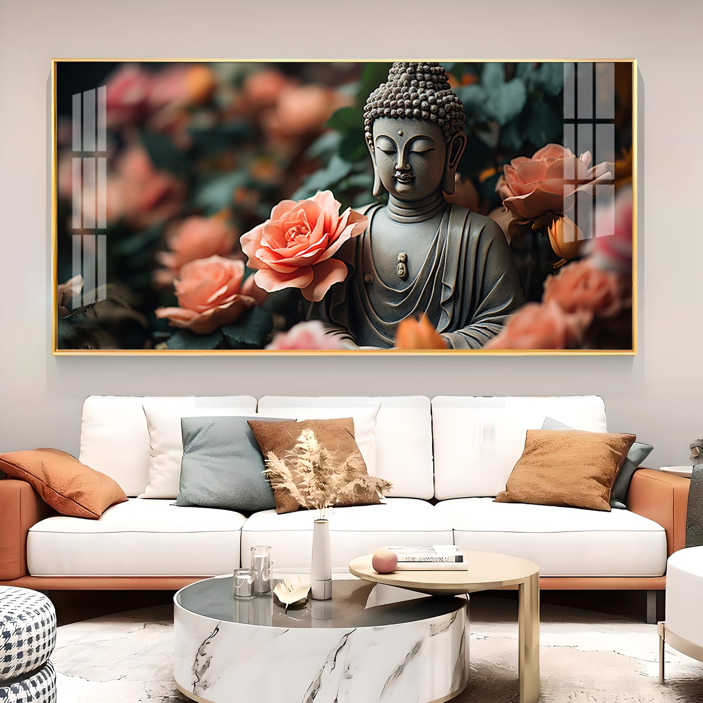 Calm Buddha With Flower Glass Finish Horizontal Wall Art