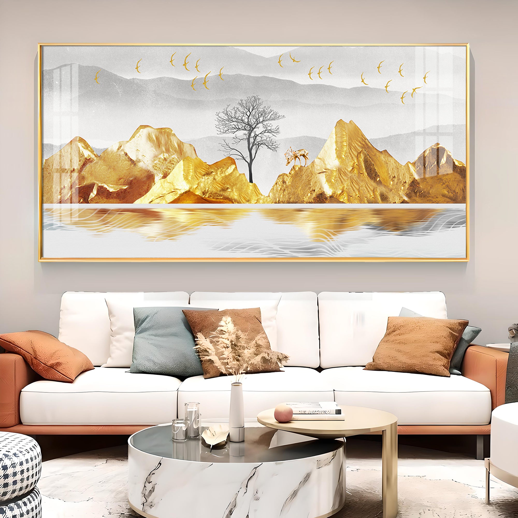 Golden Mountains And Birds Glass Finish Horizontal Wall Art