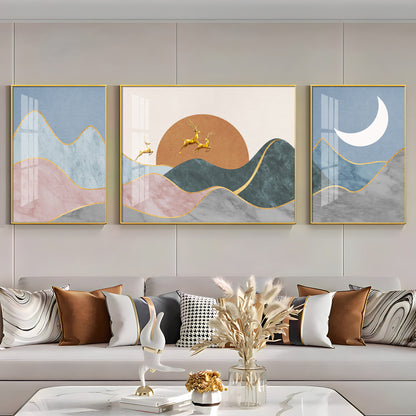 Deer In Mountain Glass Finish Wall Art (Set Of 3)