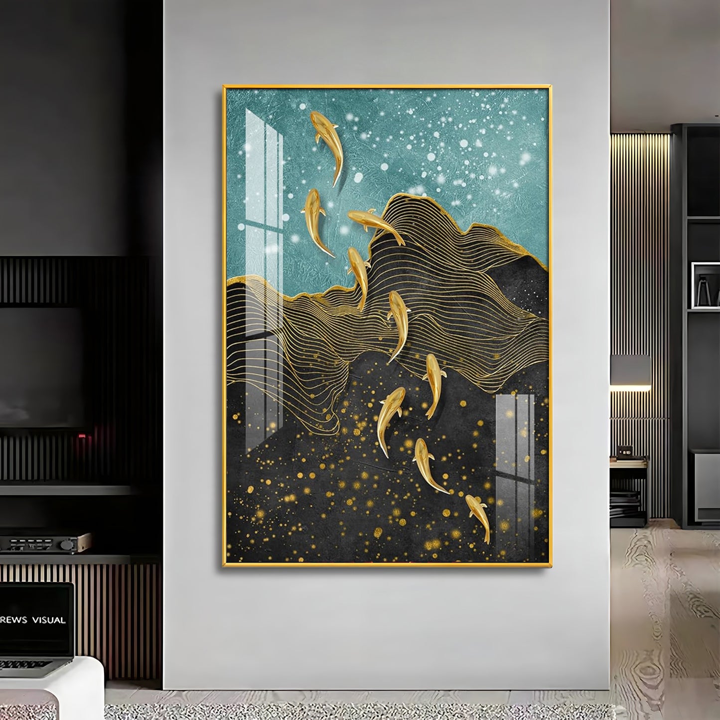 Black Gold Aquatic Fish Glass Finish Vertical Wall Art