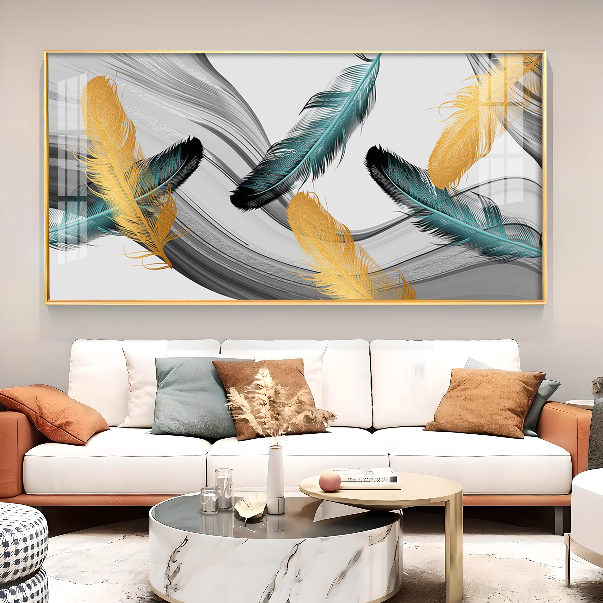 Ginkgo Leaf And Feather Glass Finish Horizontal Wall Art