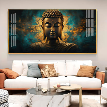 Lord Buddha Golden Glass Finish Horizontal Wall Art