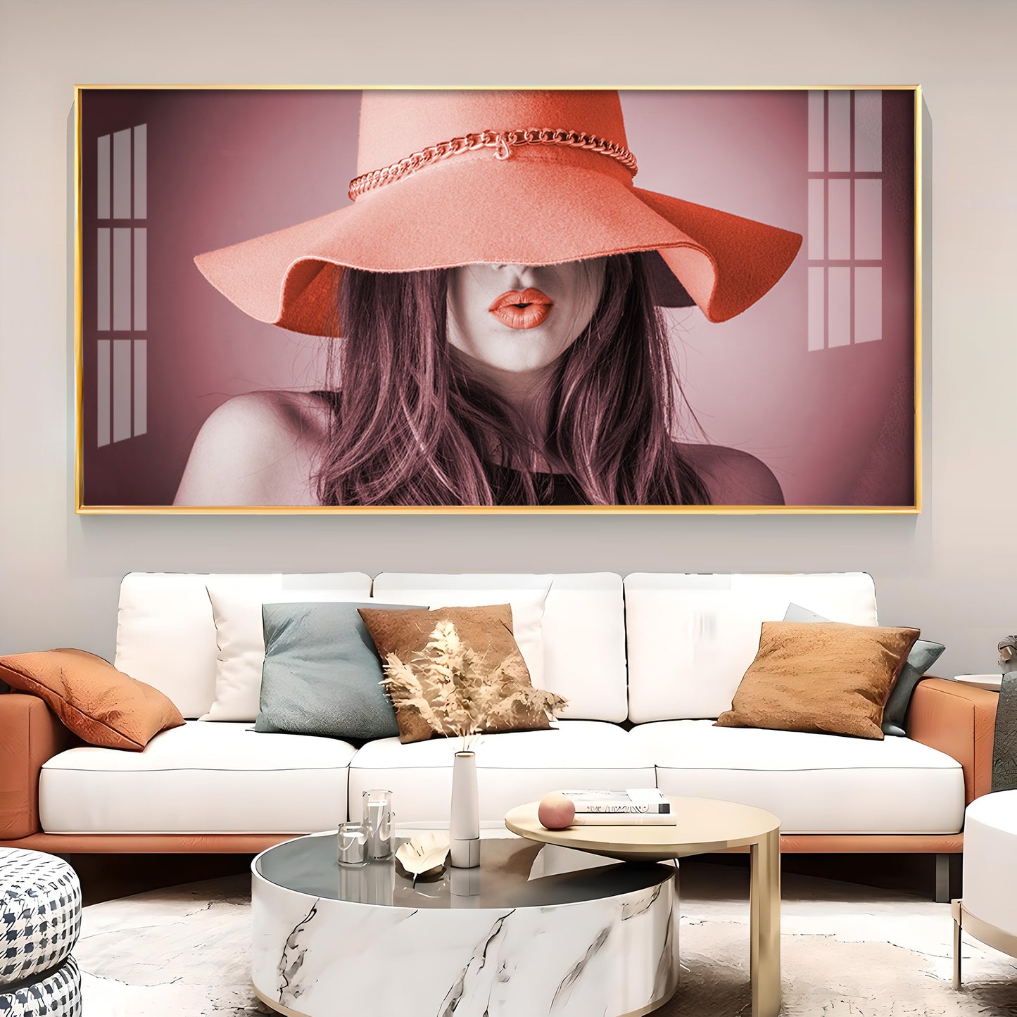 Modern Lady With Hat Glass Finish Horizontal Wall Art