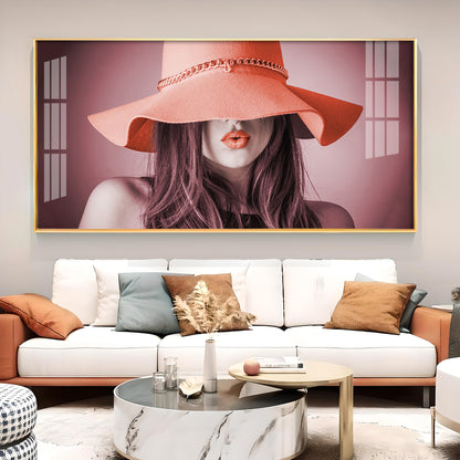 Modern Lady With Hat Glass Finish Horizontal Wall Art