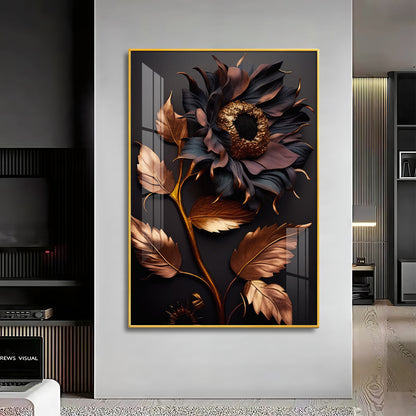 Midnight Sunflower Elegance Glass Finish Vertical Wall Art