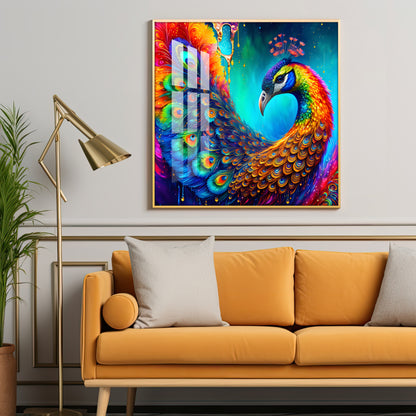 Peacock Elegance Glass Finish Square Wall Art