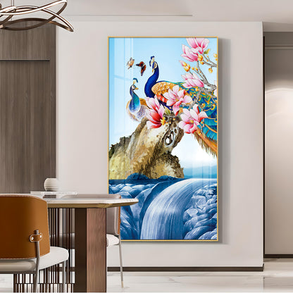 Peacock Amidst Floral Waters Glass Finish Vertical Wall Art