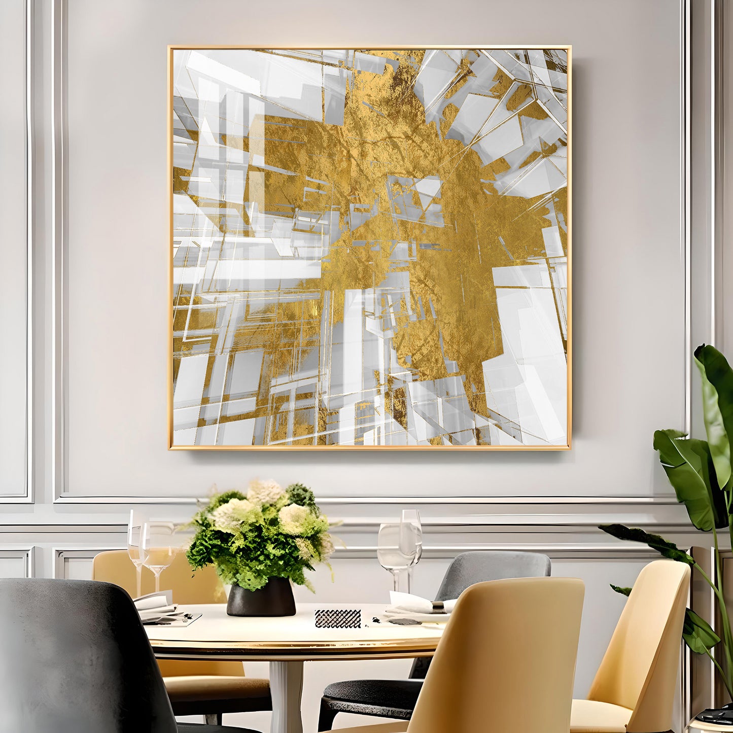 Symphony in Gold and White Glass Finish Square Wall Art