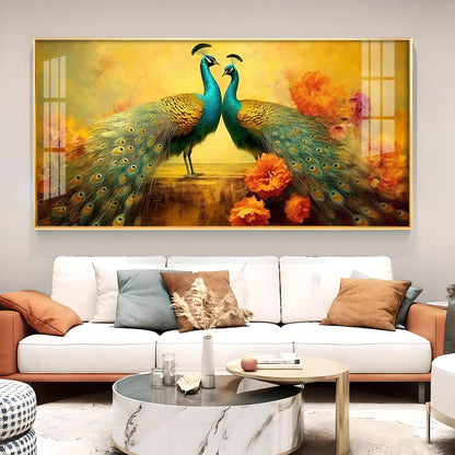 Peacocks With Flower Background Glass Finish Horizontal Wall Art