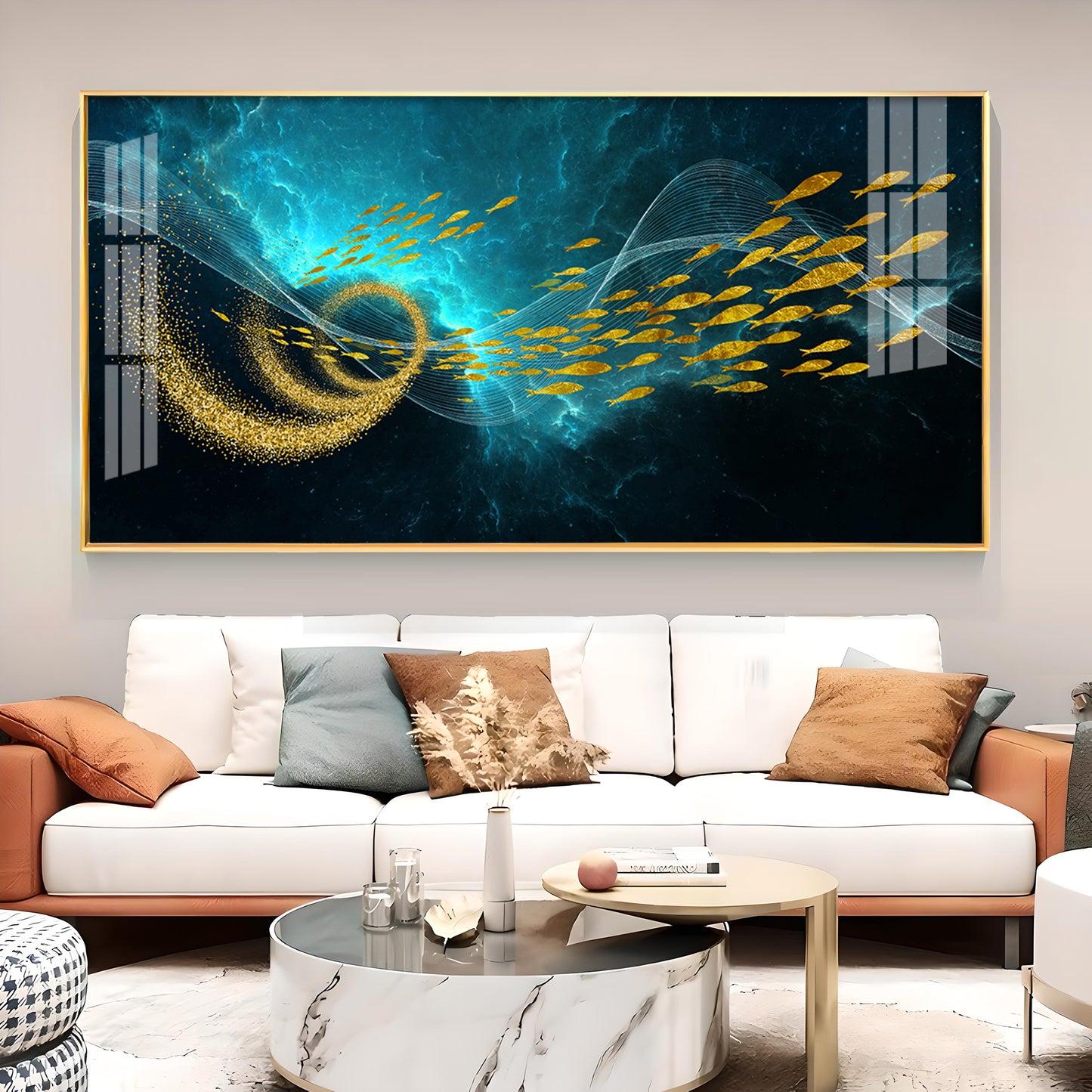 School Of Gold Fish Glass Finish Horizontal Wall Art