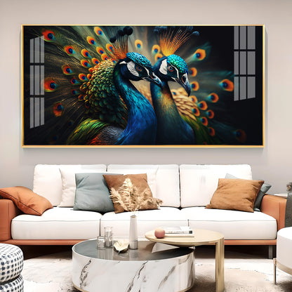 Peacock Duo Glass Finish Horizontal Wall Art