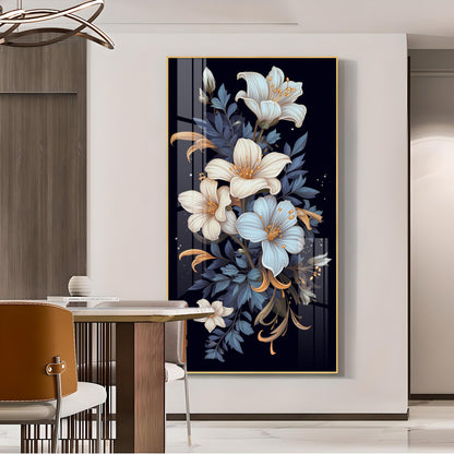 Obsidian Floral Glass Finish Vertical Wall Art