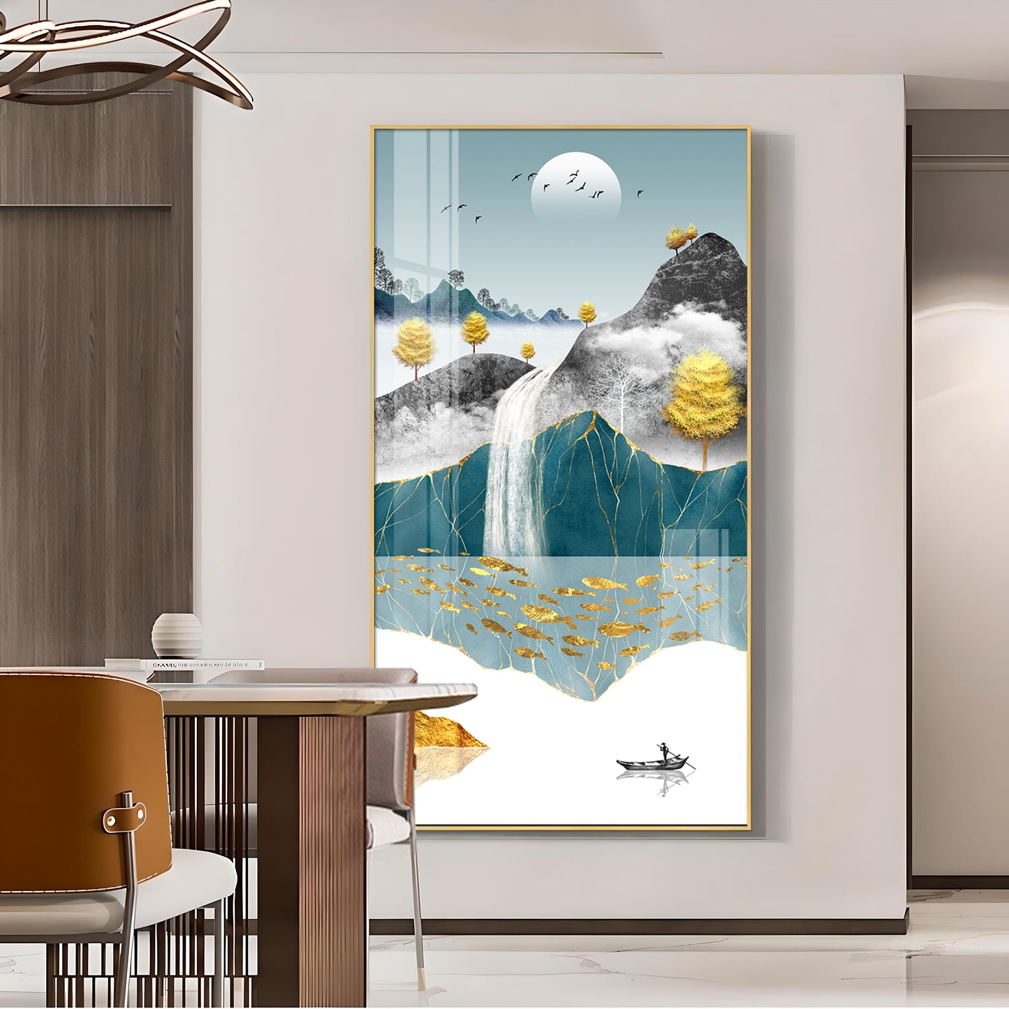 Painting of a Waterfall and Boat Glass Finish Vertical Wall Art