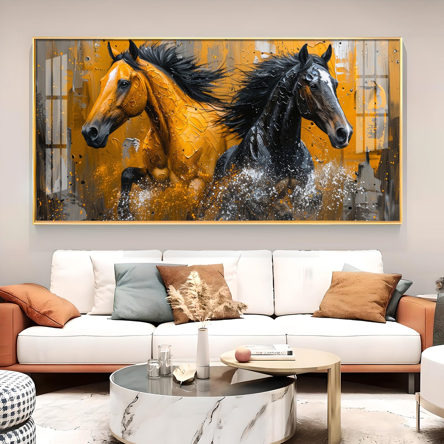 Two Horses Glass Finish Horizontal Wall Art