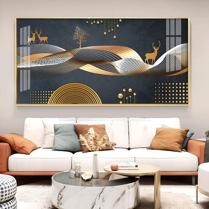 Night Landscape With Golden Deer Glass Finish Horizontal Wall Art