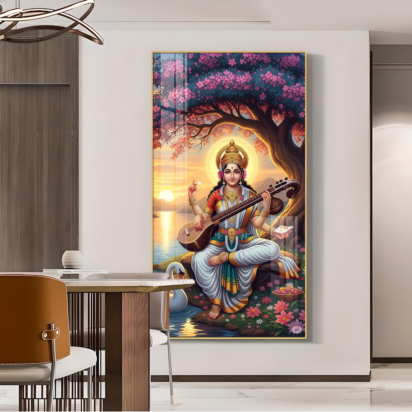 Goddess Saraswati Glass Finish Vertical Wall Art
