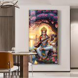 Goddess Saraswati Glass Finish Vertical Wall Art