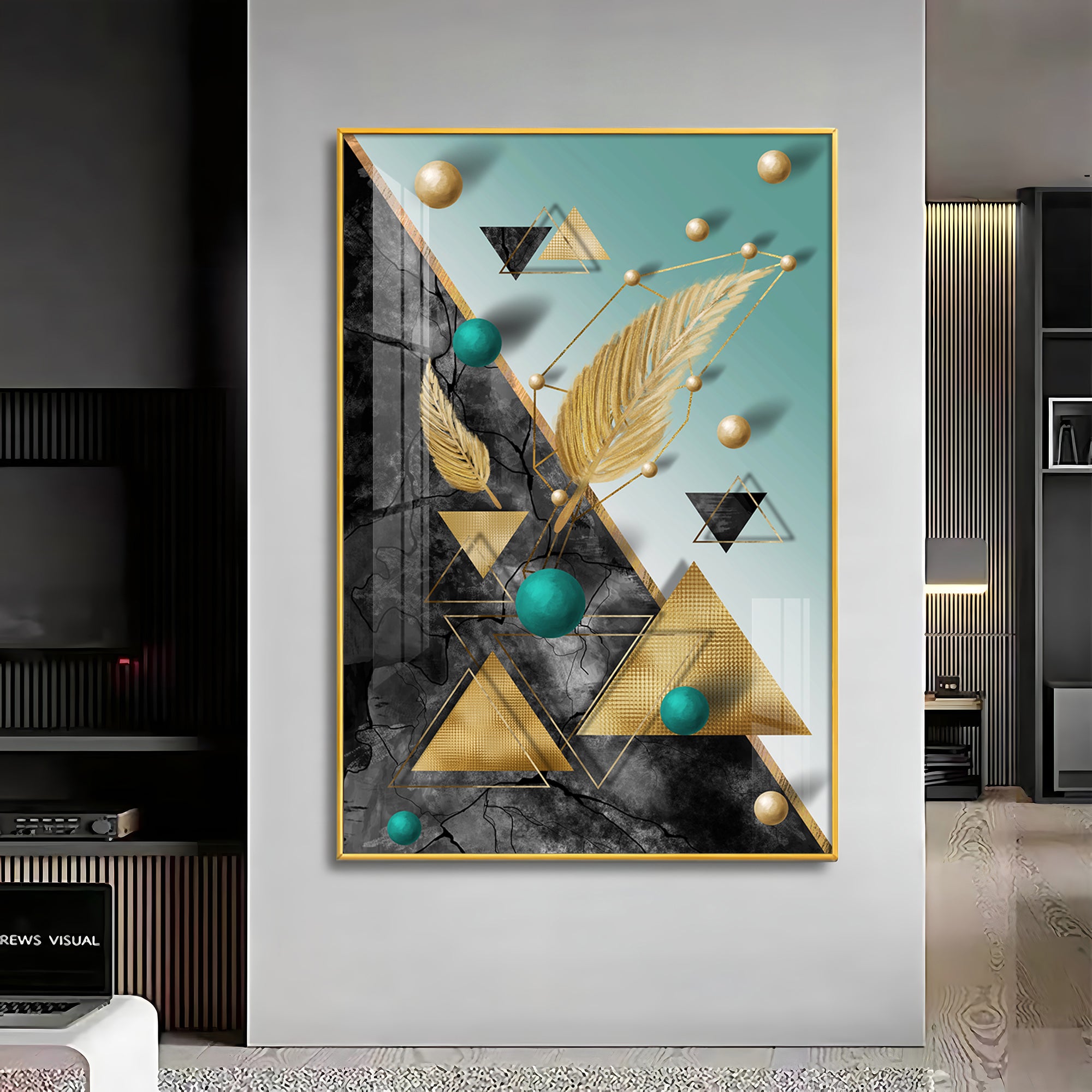 Geometric Luxe Living Glass Finish Vertical Wall Art