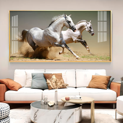 Satin Matt Running Horses Glass Finish Horizontal Wall Art