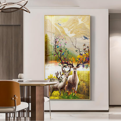 Portrait of Deer and Blossoms Glass Finish Vertical Wall Art