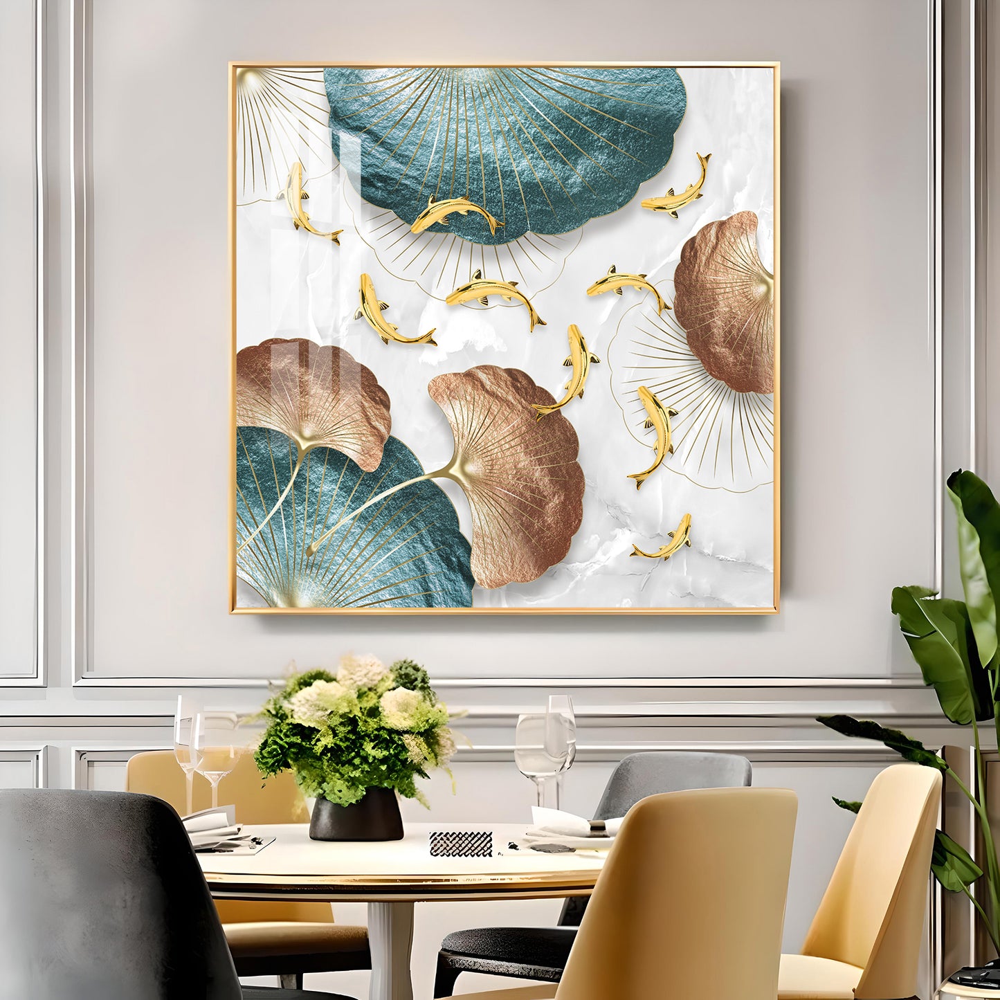 Opulent Blue Gold Flora Glass Finish Square Wall Art