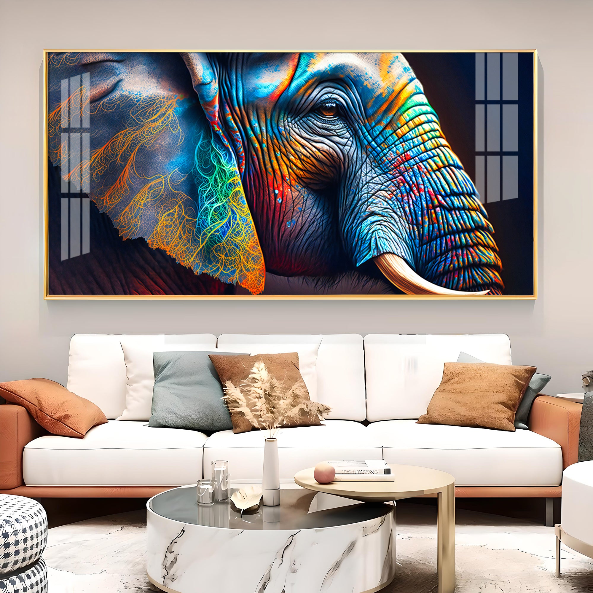 Vibrant Elephant Glass Finish Horizontal Wall Art