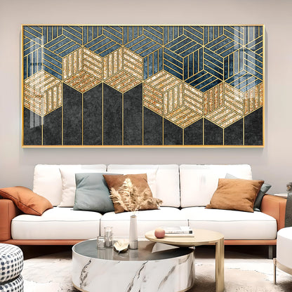 Hampton Abstract Black & Gold Glass Finish Horizontal Wall Art