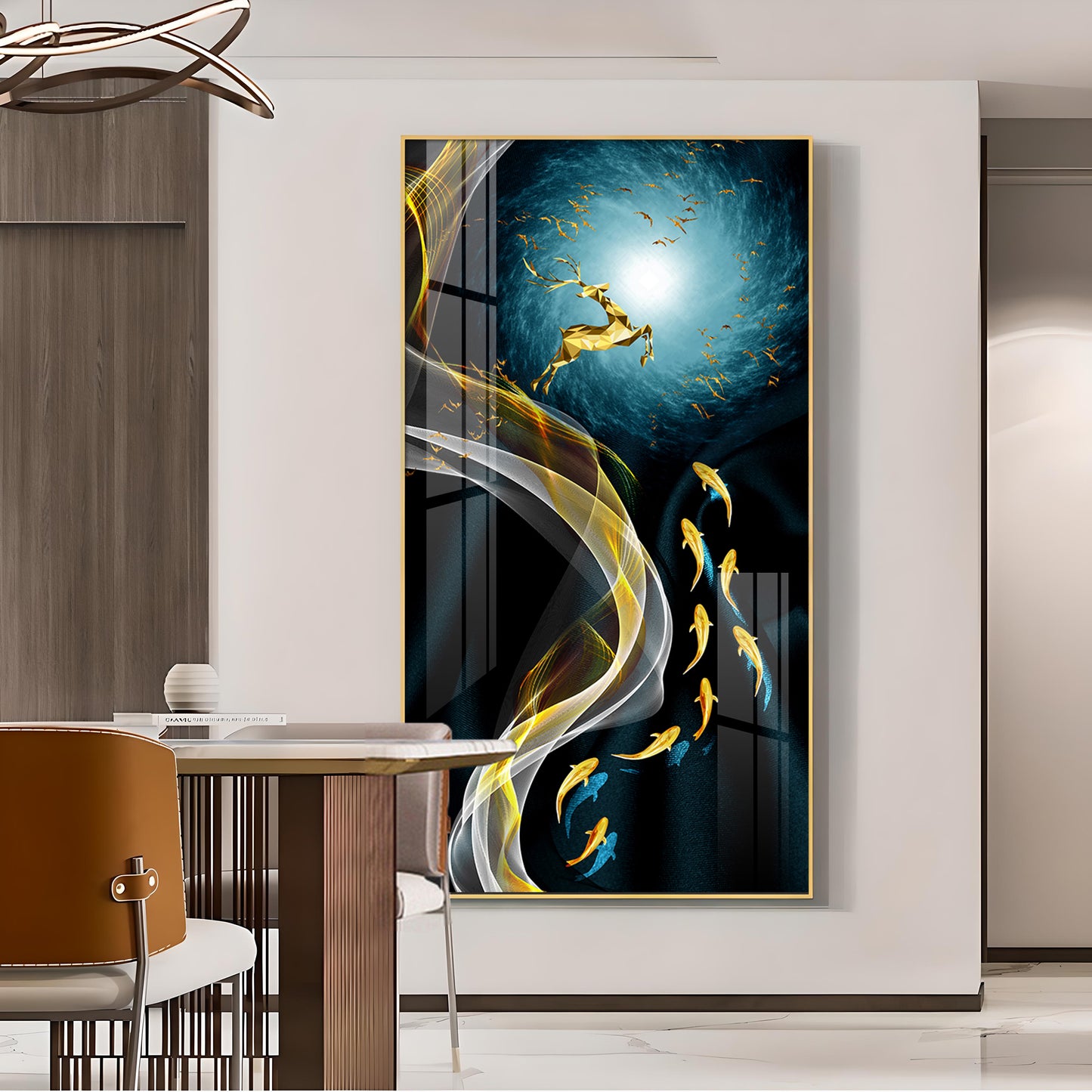 The Golden Swim Glass Finish Vertical Wall Art