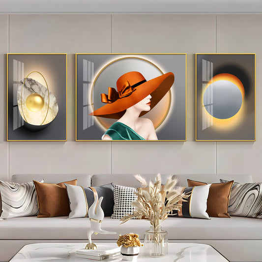 Girl With Orange Hat Glass Finish Wall Art (Set Of 3)