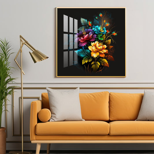 Dark Floral Symphony Glass Finish Square Wall Art