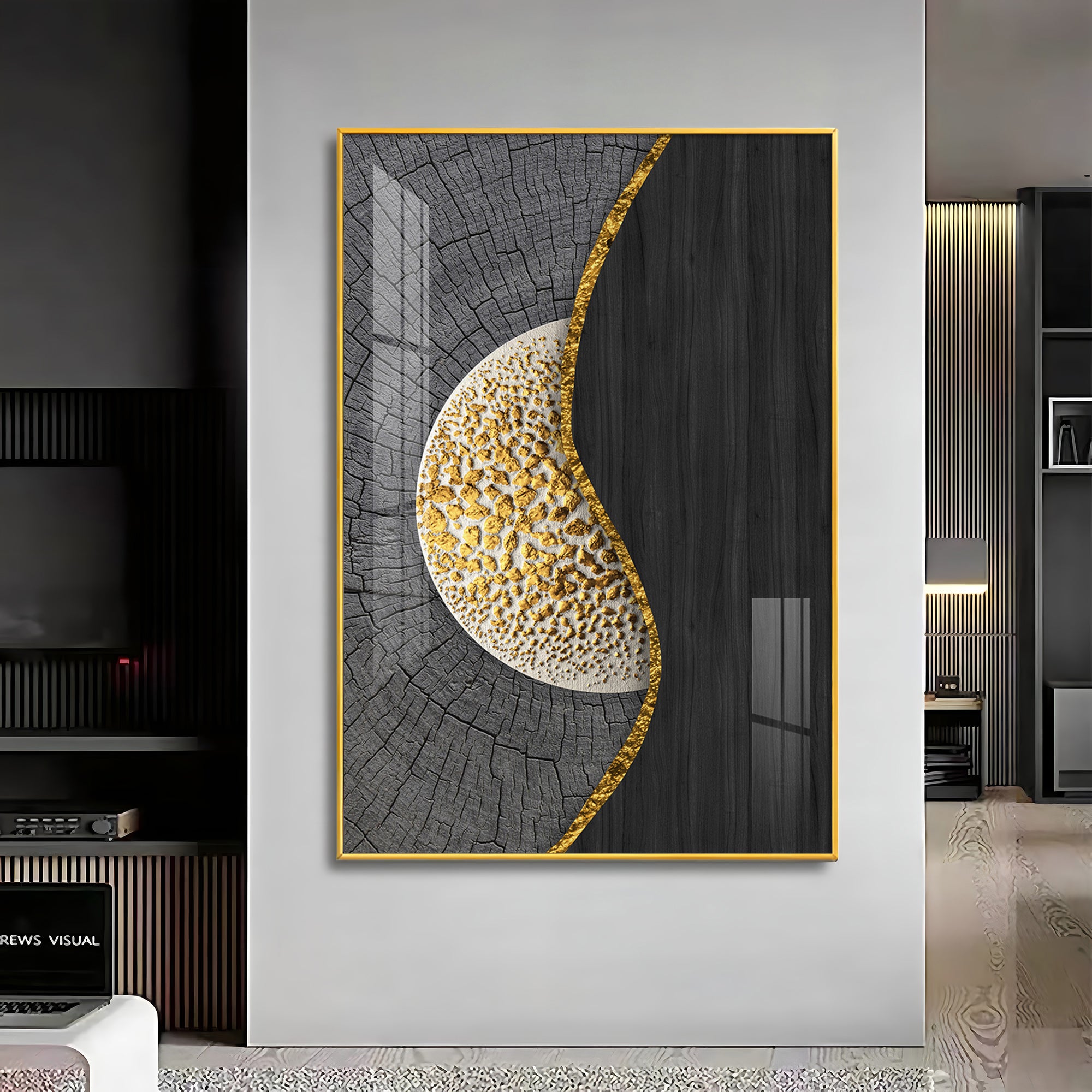 Golden Harmony Glass Finish Vertical Wall Art