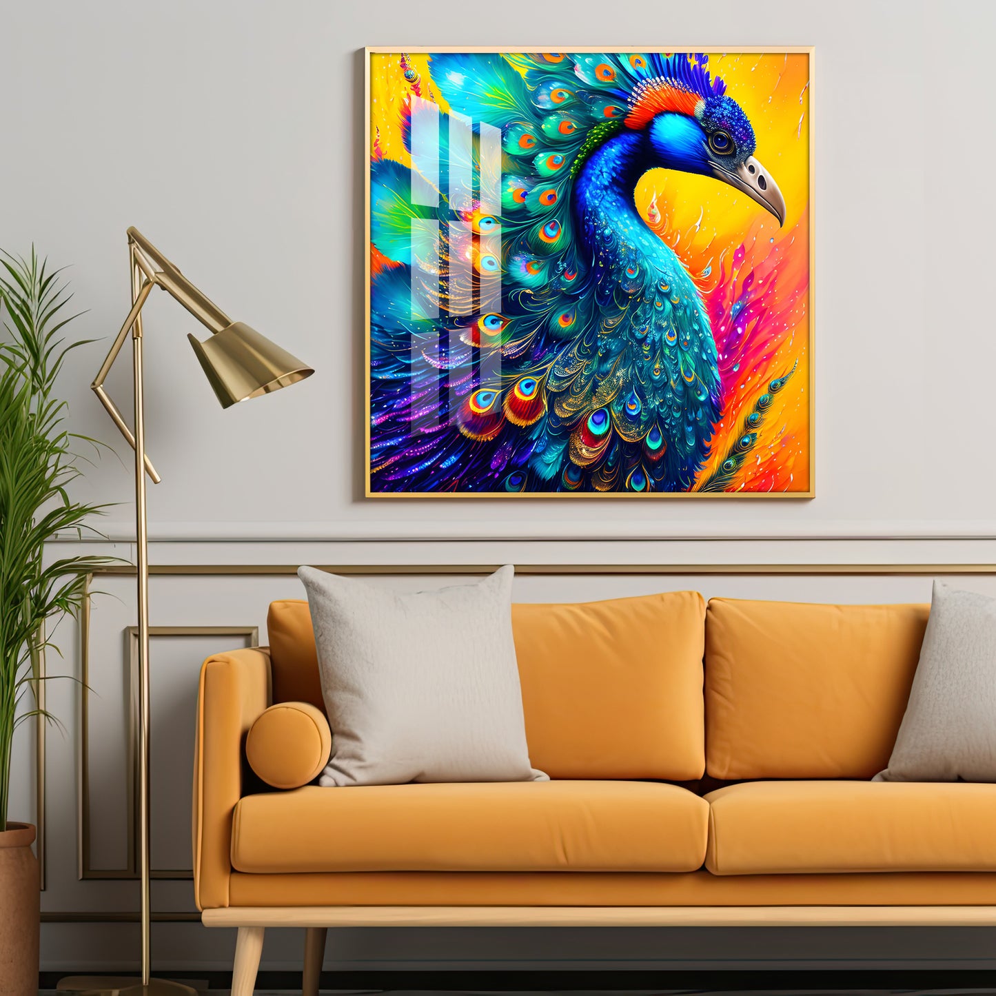 Radiant Peacock Glass Finish Square Wall Art