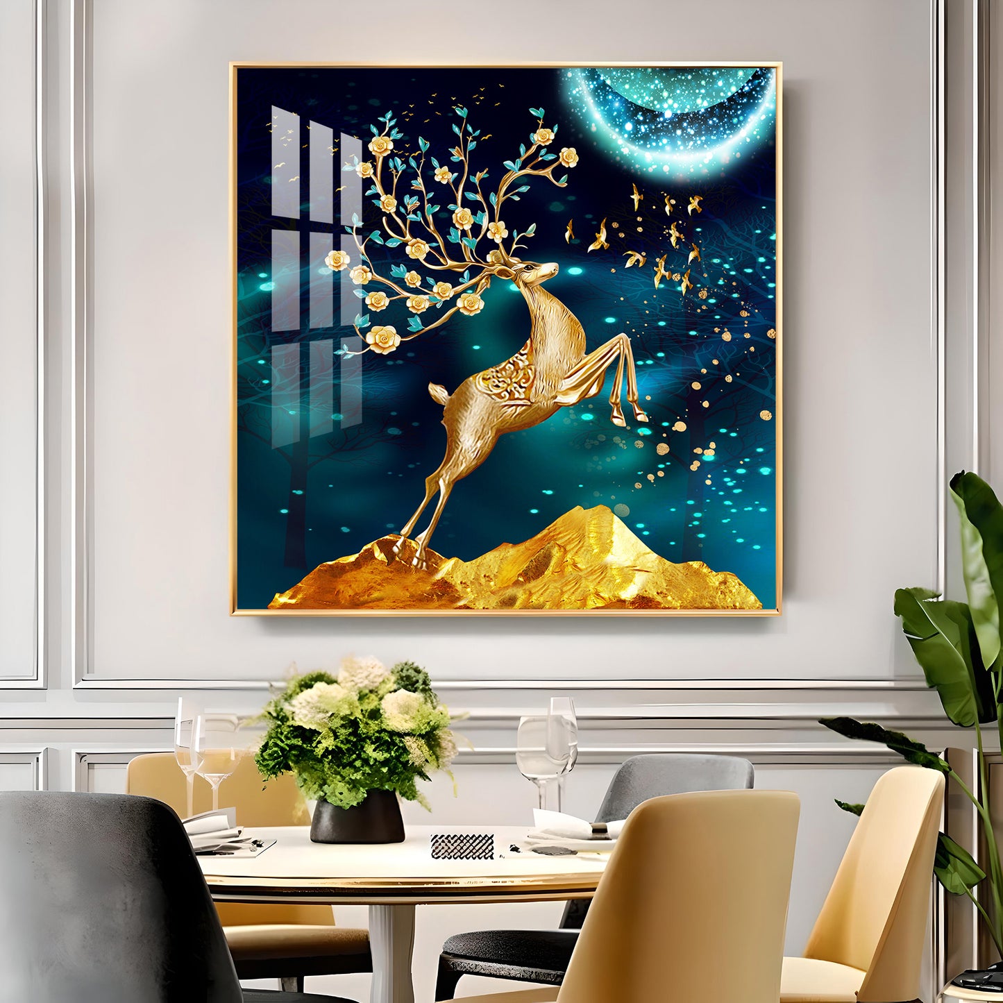 Golden Antlered Beauty Glass Finish Square Wall Art