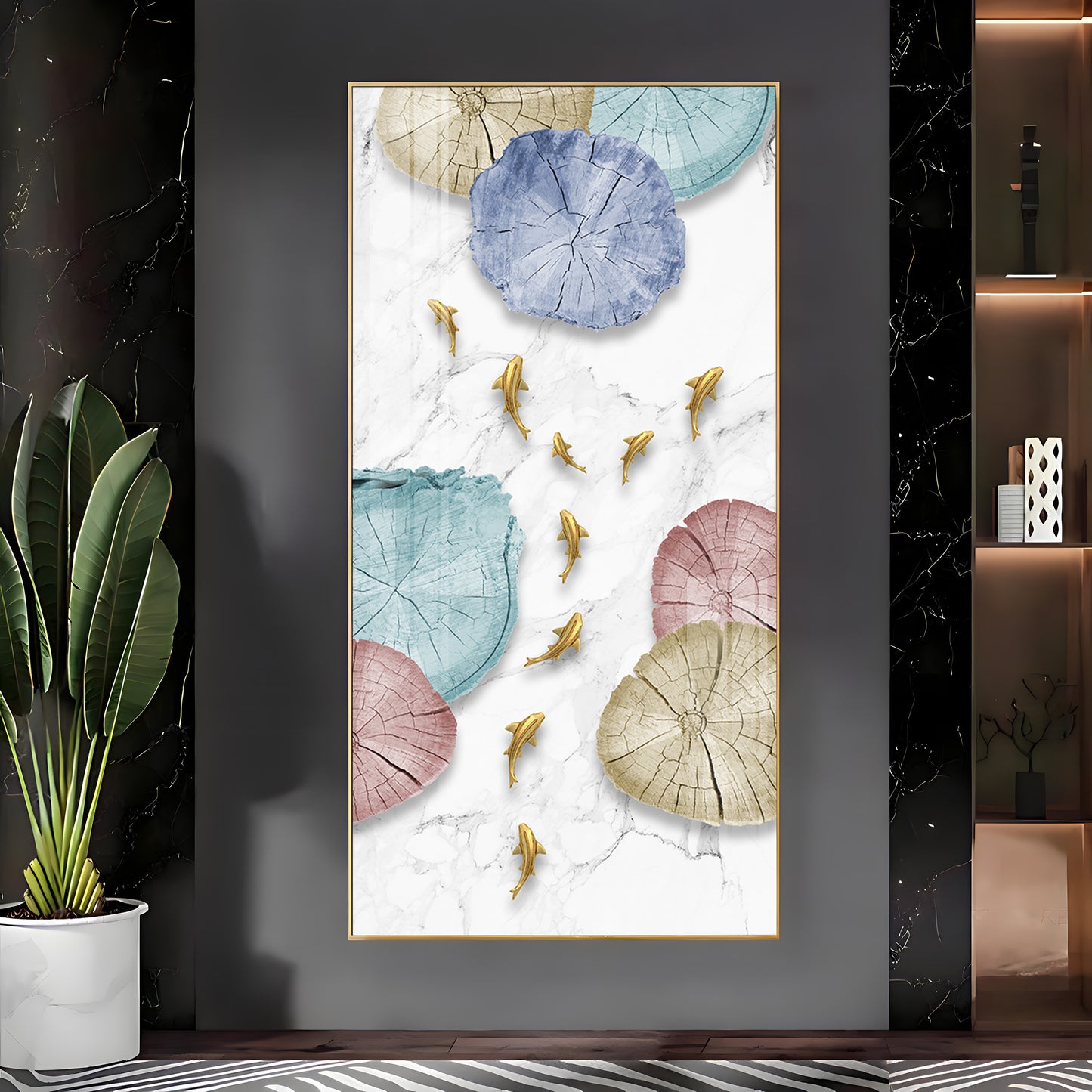 Golden Fish Umbrella Mosaic Glass Finish Vertical Wall Art