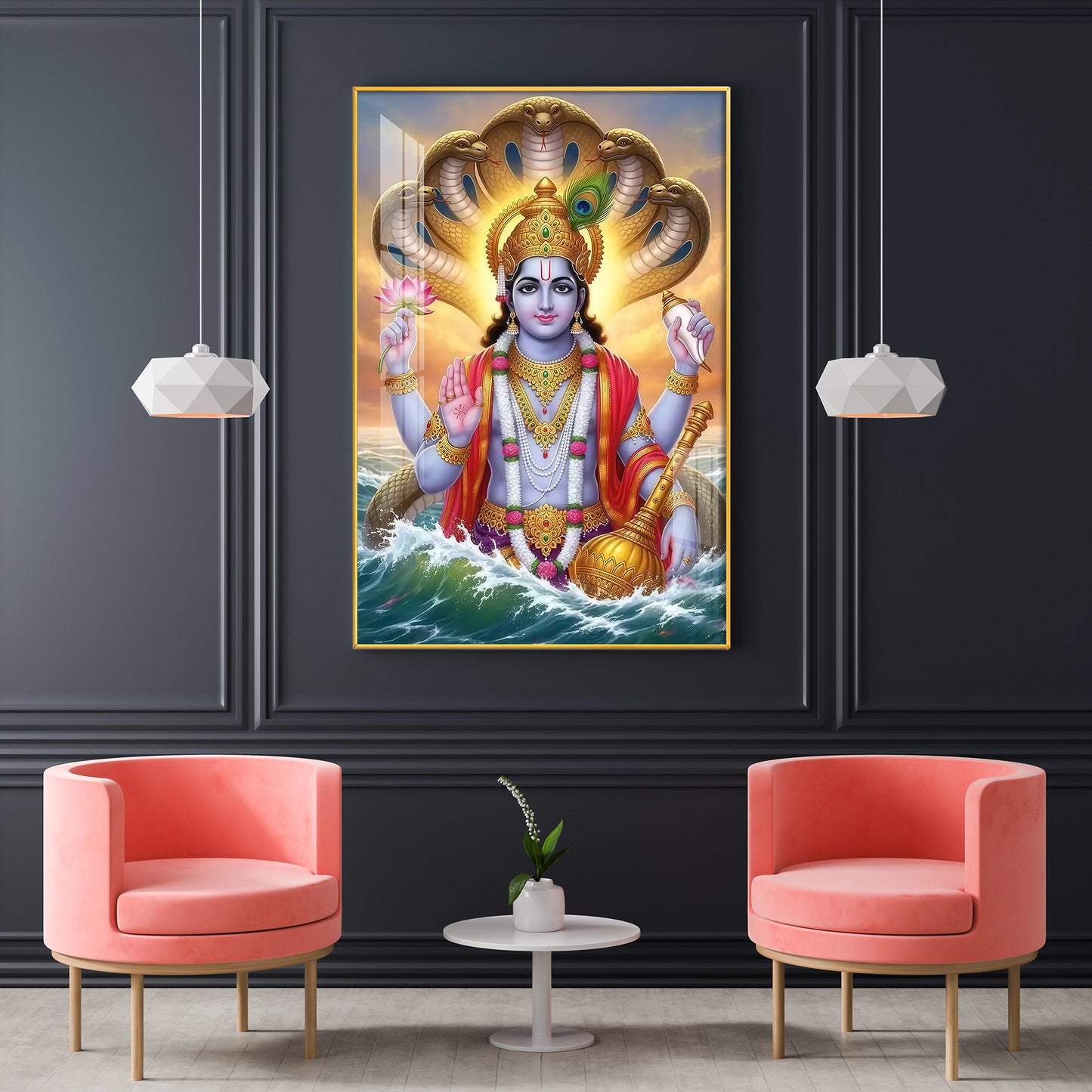 Sri Maha Vishnu Glass Finish Vertical Wall Art