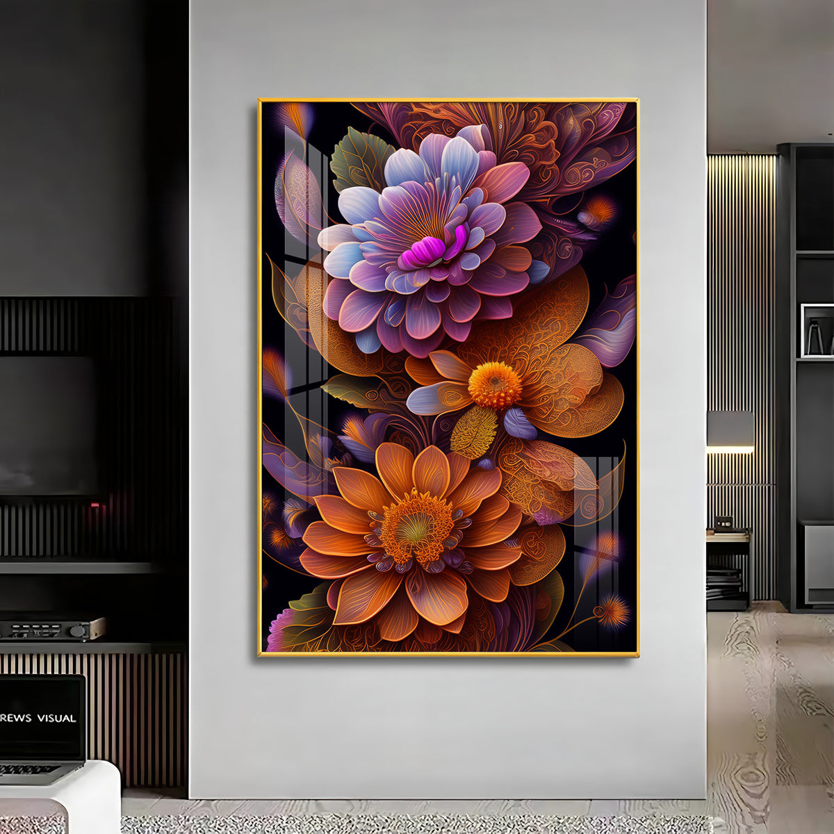 Floral Symphony Glass Finish Vertical Wall Art