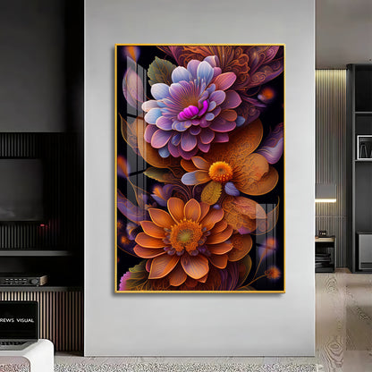 Floral Symphony Glass Finish Vertical Wall Art