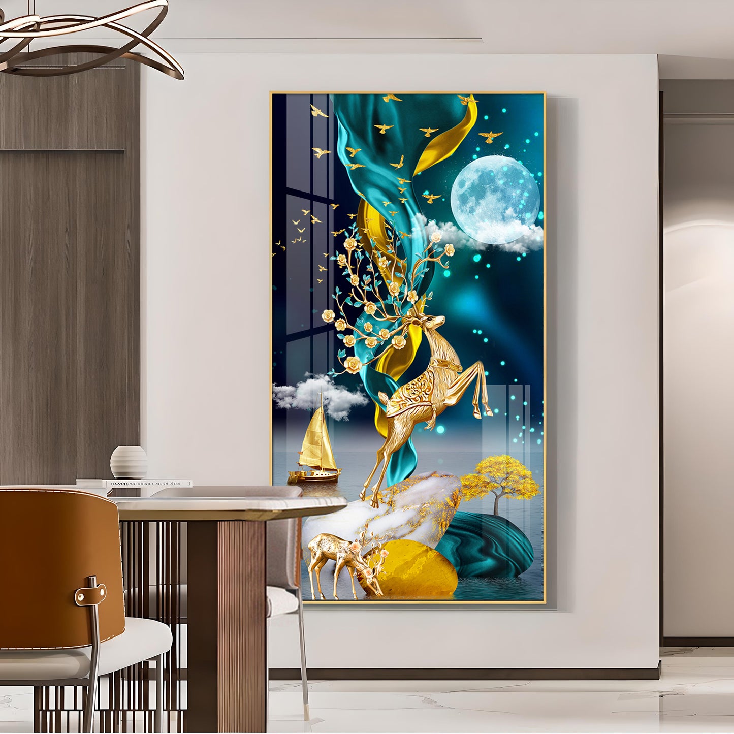 Moonnlit Dancing Deer Glass Finish Vertical Wall Art