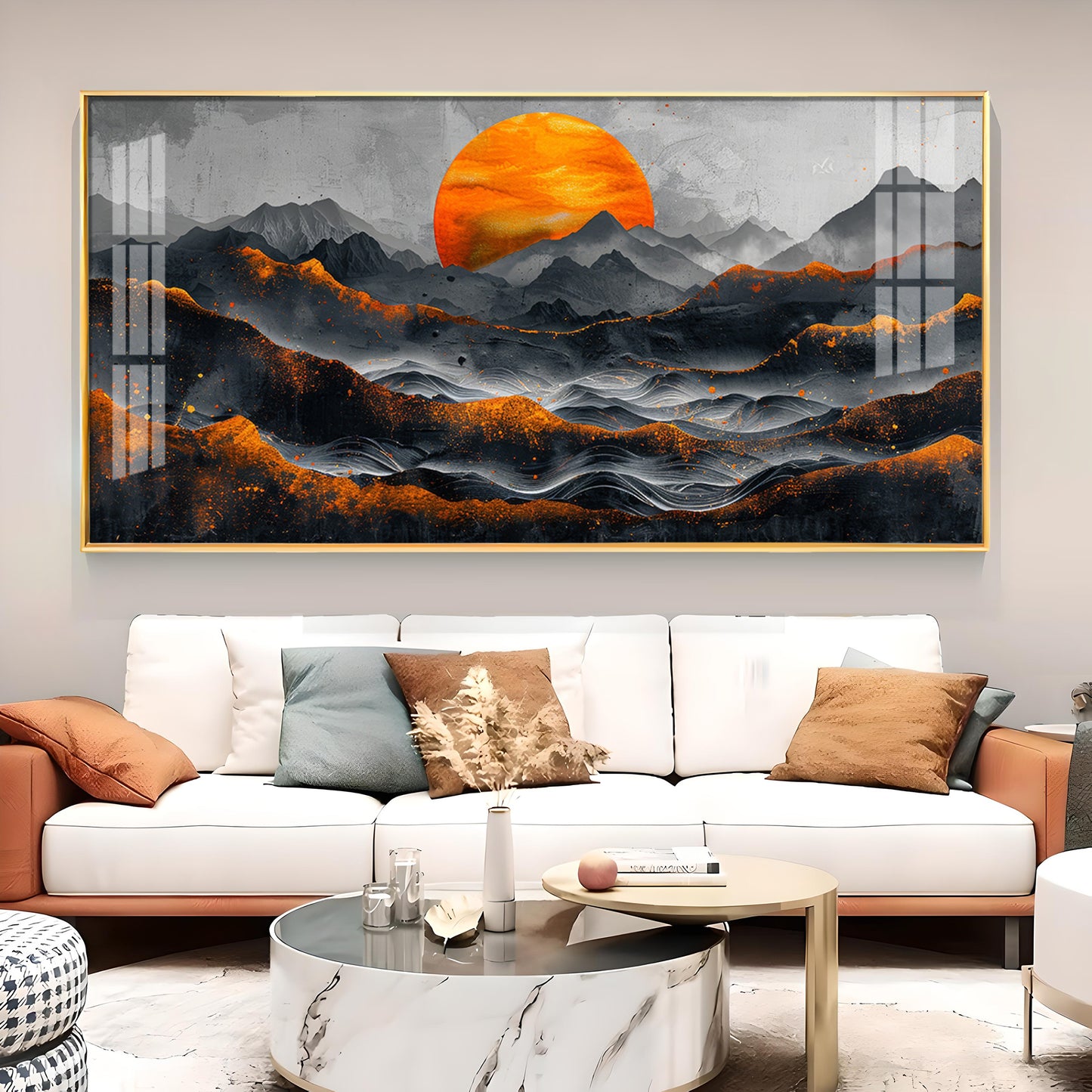 Sun Rise In Black Mountain Glass Finish Horizontal Wall Art