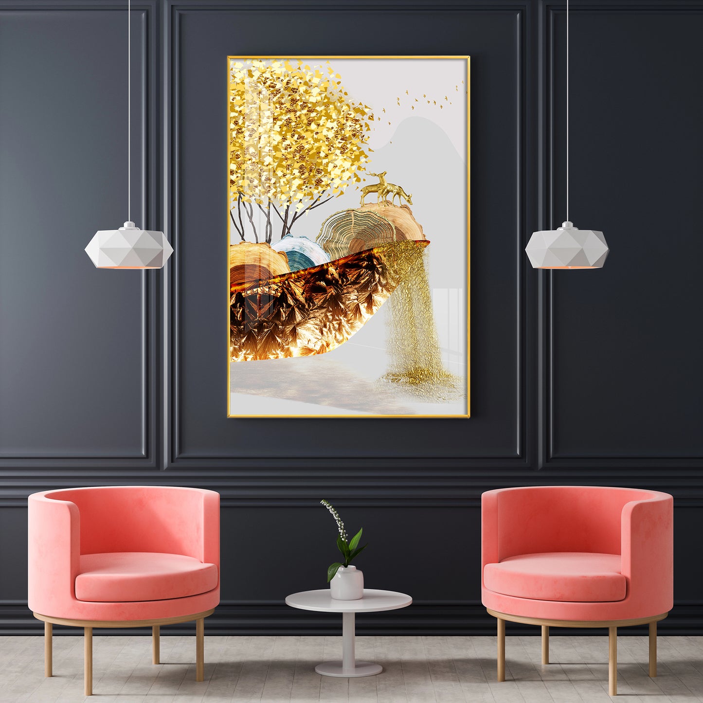 Golden Serenity Glass Finish Vertical Wall Art